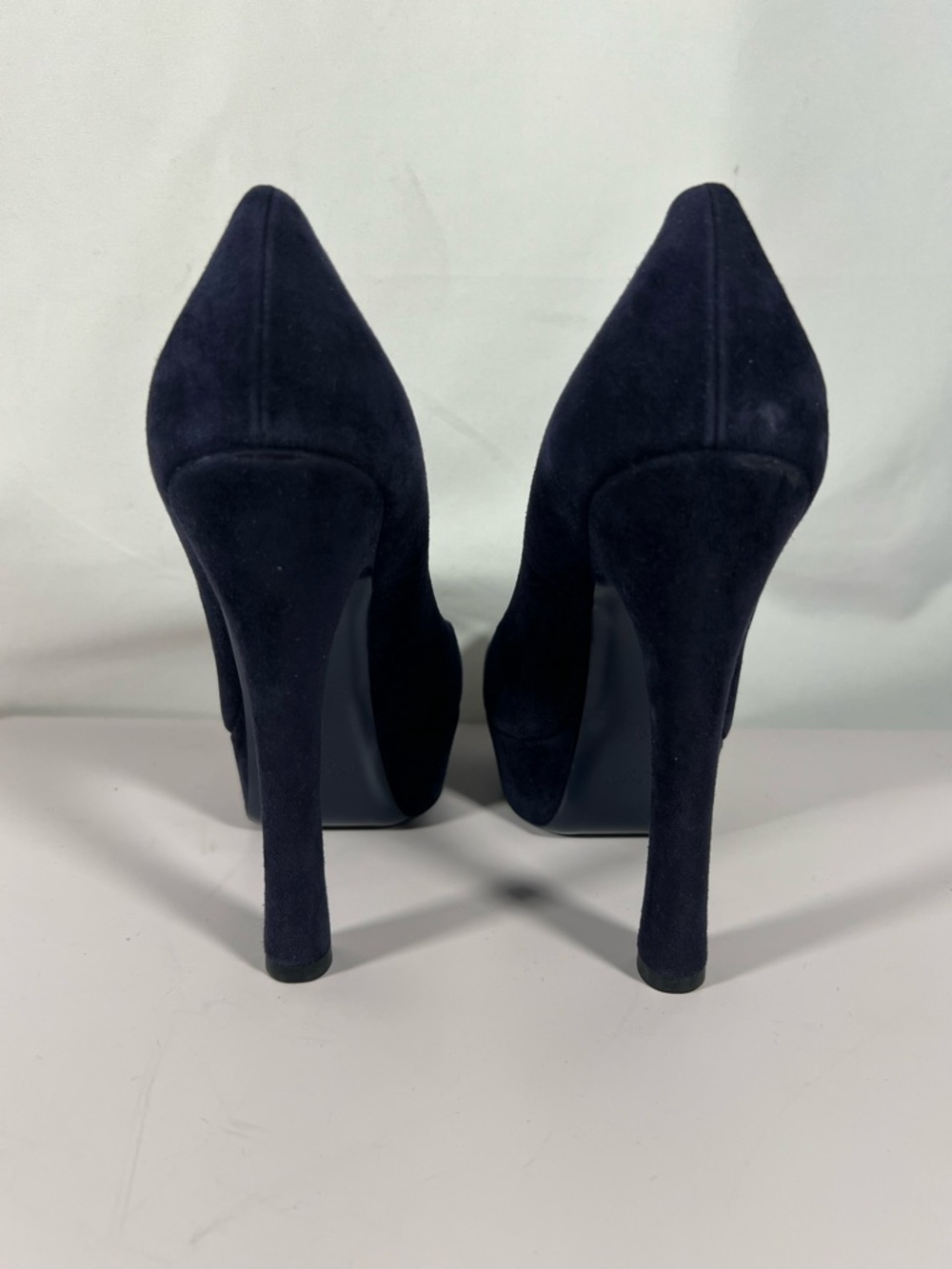 7034: YSL Yves Saint Laurent Navy Suede Platform Heels Pumps 40 - Picture 4 of 12